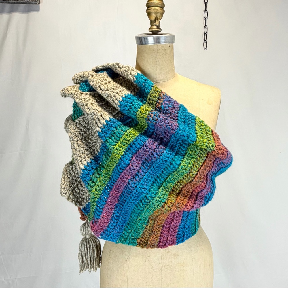 Rainbow gathered scrunch lace crochet scarf wrap tassel handmade pixie festival - Picture 2 of 10